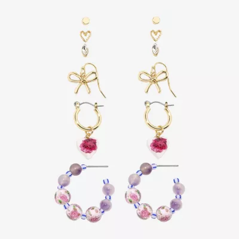 Arizona Gold Tone Stud Huggie & Drop Womens Bow Flower Heart 6 Pair Earring Set
