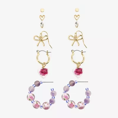 Arizona Gold Tone Stud Huggie & Drop Womens Bow Flower Heart 6 Pair Earring Set