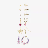 Arizona Gold Tone Stud Huggie & Drop Womens Bow Flower Heart 6 Pair Earring Set