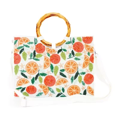 SOL and MER Orange Beaded Bamboo Handle Tote Bag
