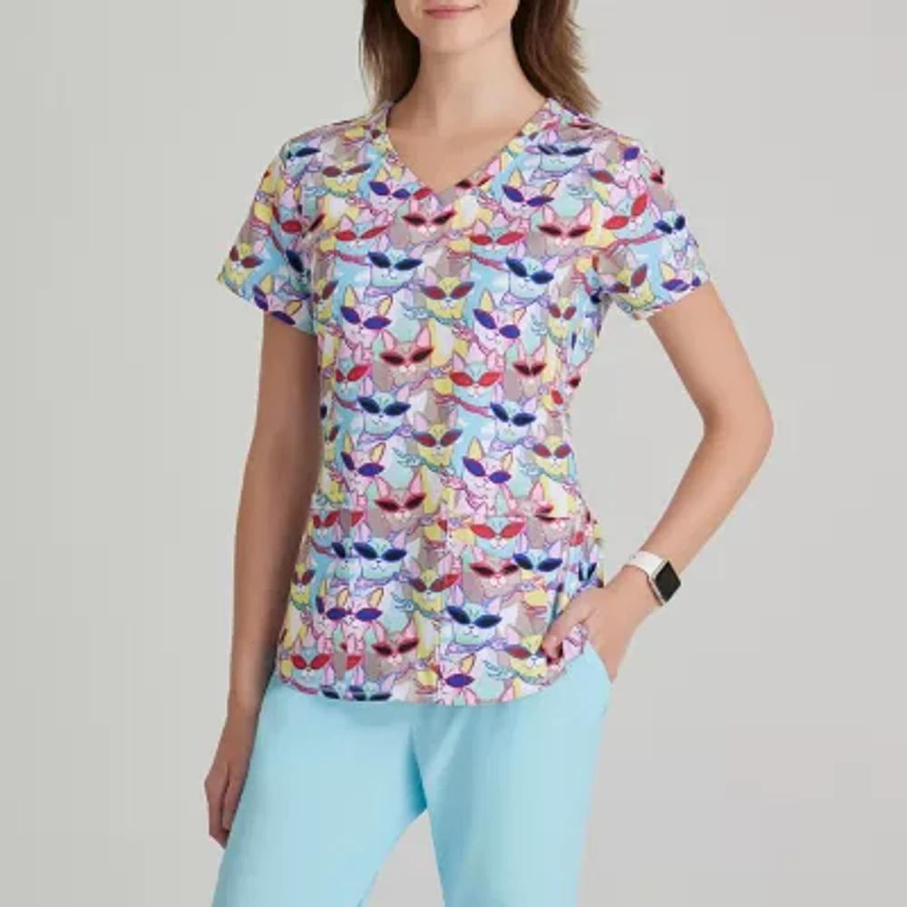 Skechers Skt021 Essence T 3-Pocket Print Womens V Neck Short Sleeve Tag Free Stretch Fabric Moisture Wicking Scrub Top