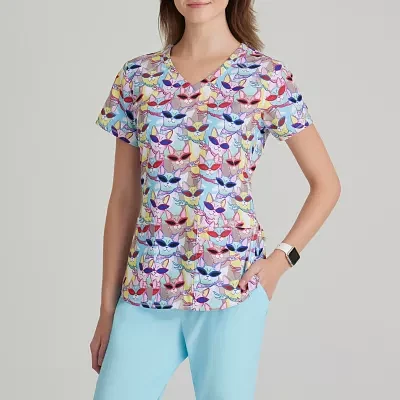 Skechers Skt021 Essence T 3-Pocket Print Womens V Neck Short Sleeve Tag Free Stretch Fabric Moisture Wicking Scrub Top