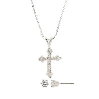 Sparkle Allure 2-pc. Cubic Zirconia Pure Silver Over Brass Cross Jewelry Set