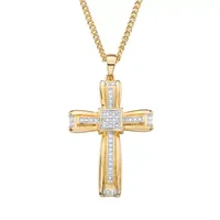 Mens Diamond Accent Natural White Diamond 14K Gold Over Brass Cross Pendant Necklace