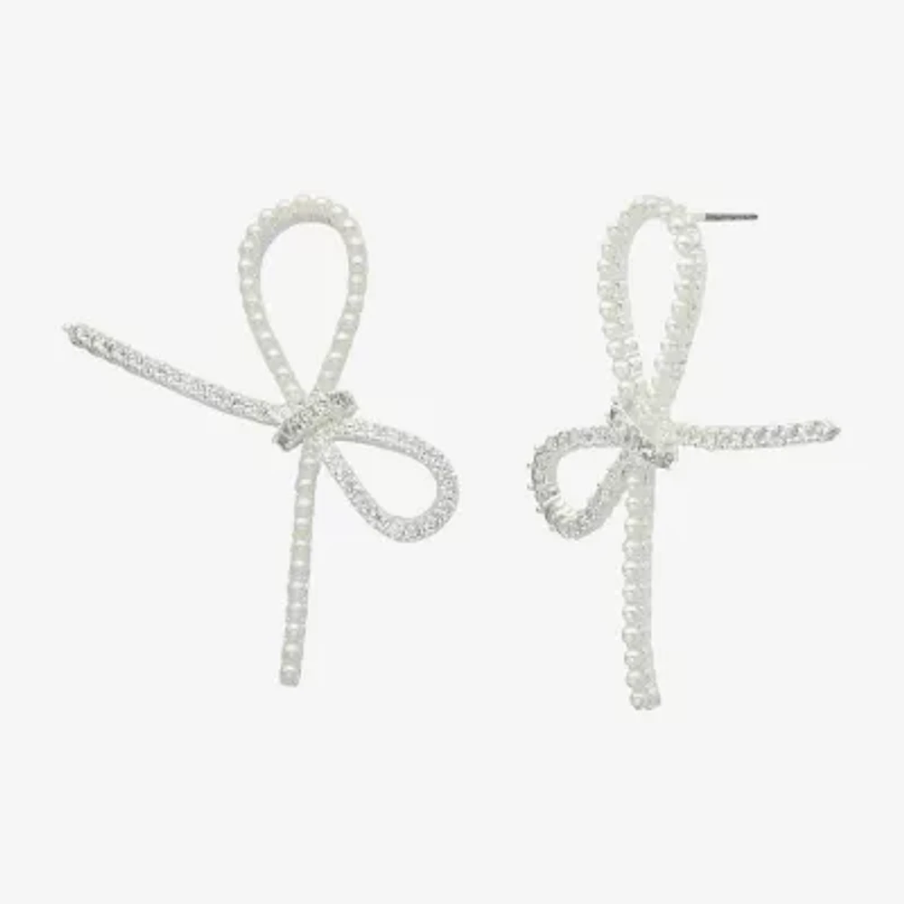 Sparkle Allure Cubic Zirconia Simulated Pearl Pure Silver Over Brass 25.5mm Bow Stud Earrings
