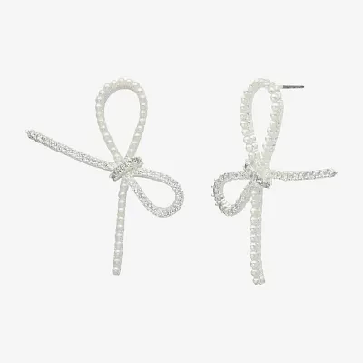 Sparkle Allure Cubic Zirconia Simulated Pearl Pure Silver Over Brass 25.5mm Bow Stud Earrings