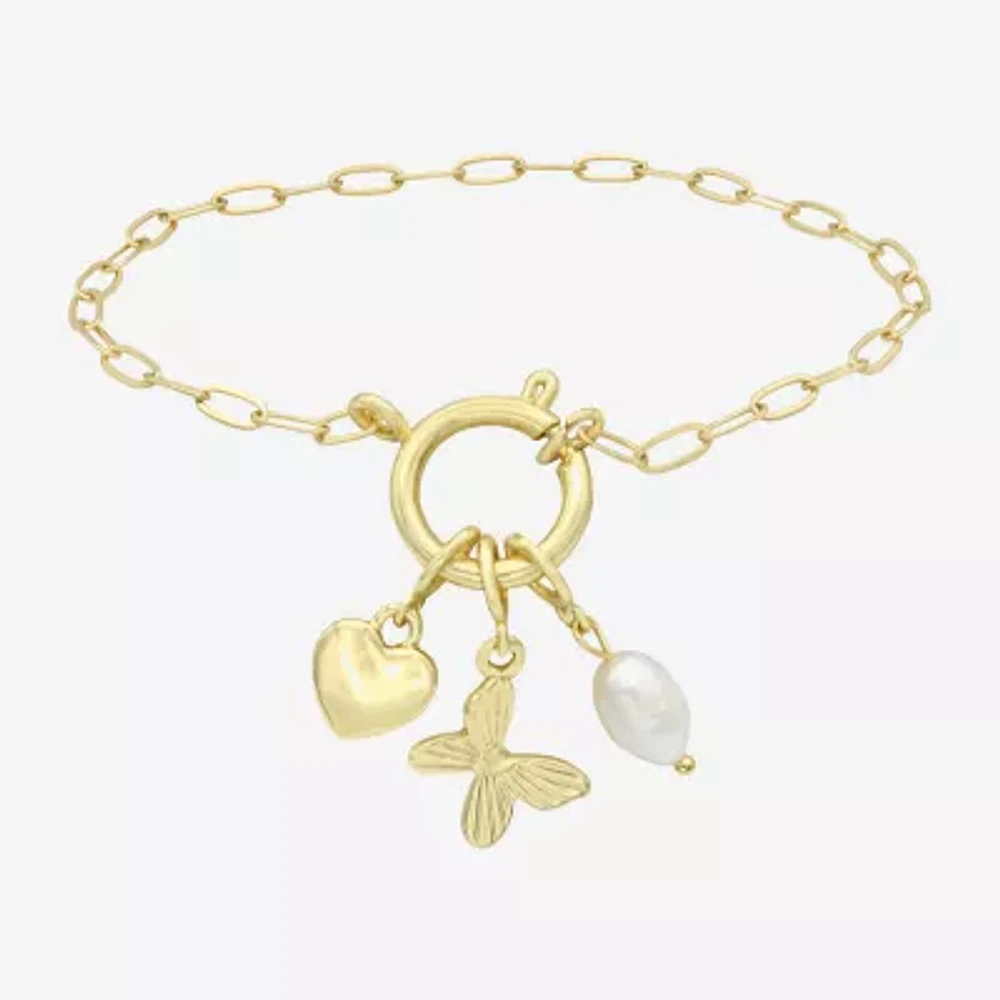Sparkle Allure 4-pc. Cultured Freshwater Pearl 14K Gold Over Brass 7.5 Inch Paperclip Butterfly Heart Charm Bracelet