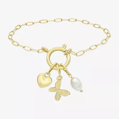 Sparkle Allure 4-pc. Cultured Freshwater Pearl 14K Gold Over Brass 7.5 Inch Paperclip Butterfly Heart Charm Bracelet