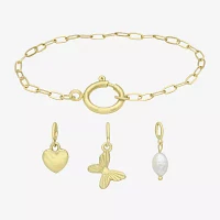 Sparkle Allure 4-pc. Cultured Freshwater Pearl 14K Gold Over Brass 7.5 Inch Paperclip Butterfly Heart Charm Bracelet