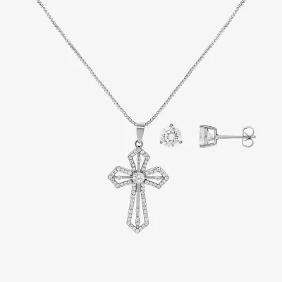 Sparkle Allure 2-pc. Cubic Zirconia Pure Silver Over Brass Cross Jewelry Set