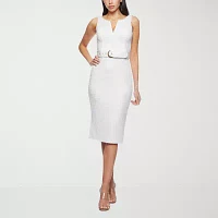 Premier Amour Womens Belted Sleeveless Midi Sheath Dress