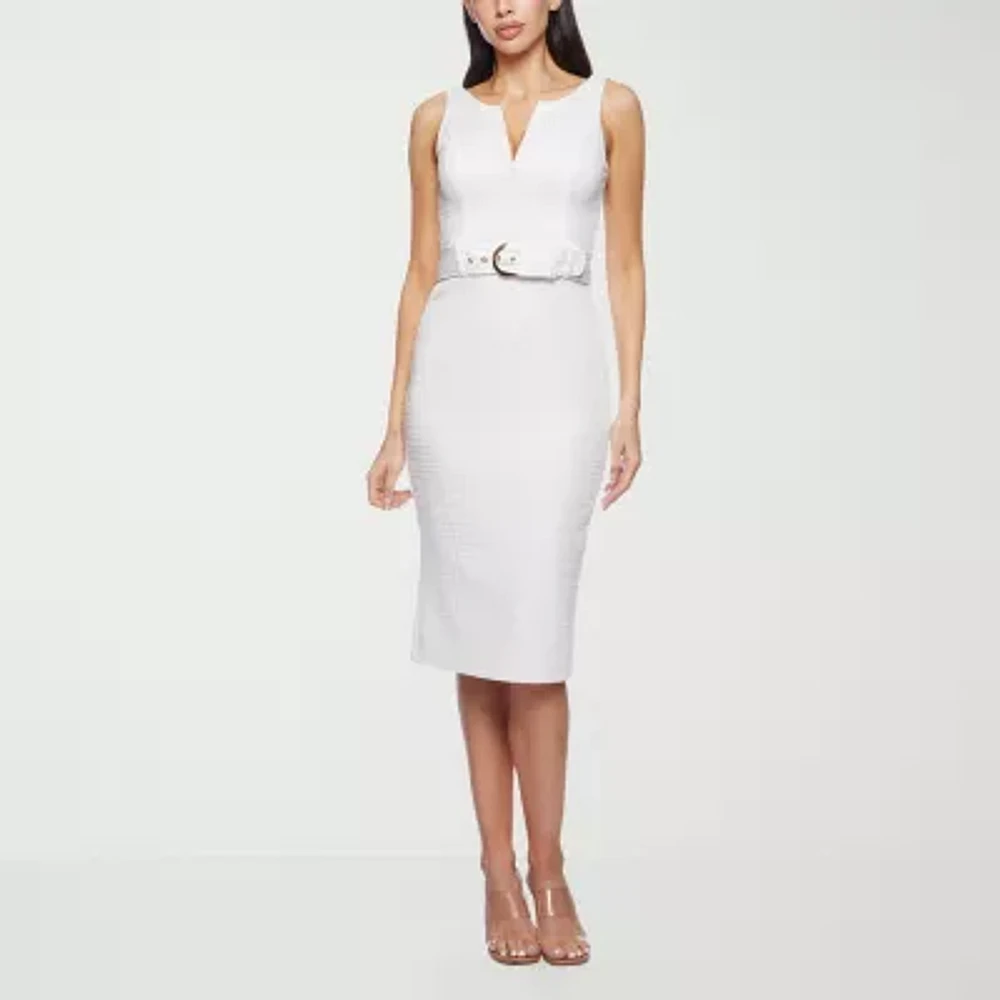 Premier Amour Womens Belted Sleeveless Midi Sheath Dress