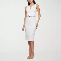 Premier Amour Womens Belted Sleeveless Midi Sheath Dress