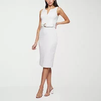 Premier Amour Womens Belted Sleeveless Midi Sheath Dress