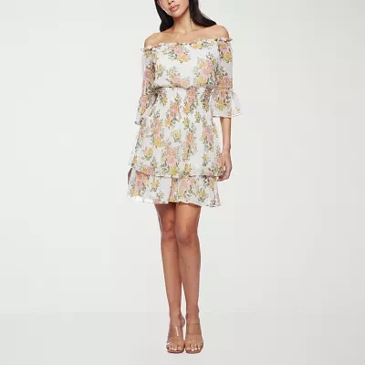 Premier Amour Off The Shoulder Womens 3/4 Sleeve Floral Fit + Flare Dress