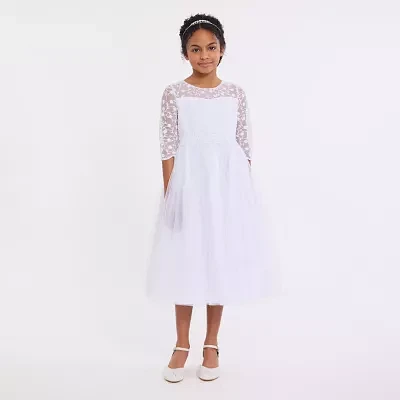 Bonnie Jean Big Girls Communion 3/4 Sleeve Lace Flower Girl Fit + Flare Dress