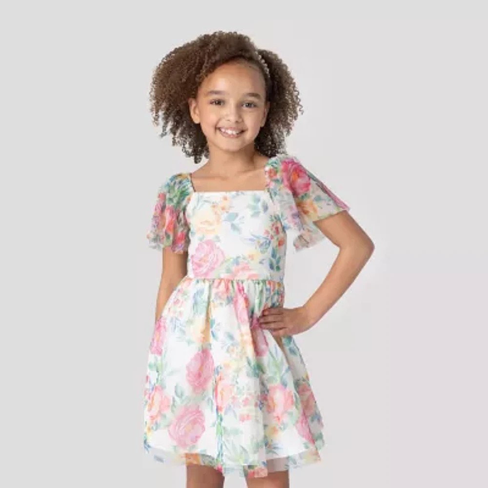 Rare Editions Little & Big Girls Short Sleeve Flutter Fit + Flare Dress