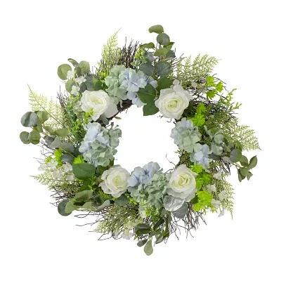 Northlight 24in Hydrangea Rose And Geranium White And Blue Wreath