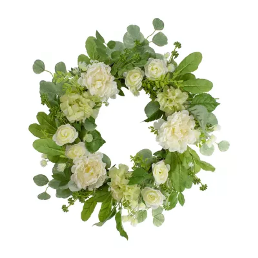 Northlight 23in Hydrangea And Ranunculus Eucalyptus Green And Cream Wreath