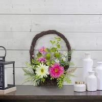 Northlight 17in Chrysanthemum And Daisy Twig Basket Pink And Yellow Wreath