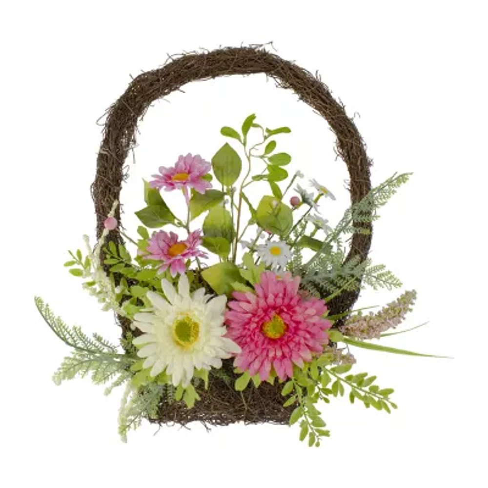 Northlight 17in Chrysanthemum And Daisy Twig Basket Pink And Yellow Wreath