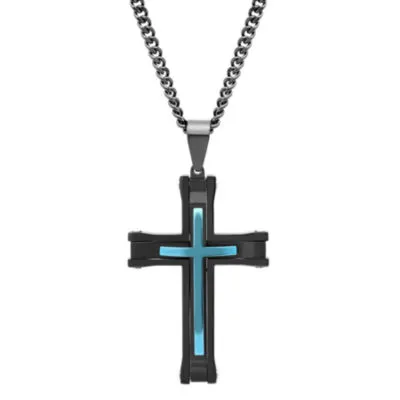 Mens Stainless Steel Black & Blue IP Cross Pendant Necklace