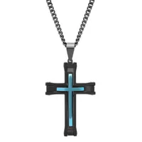 Mens Stainless Steel Black & Blue IP Cross Pendant Necklace