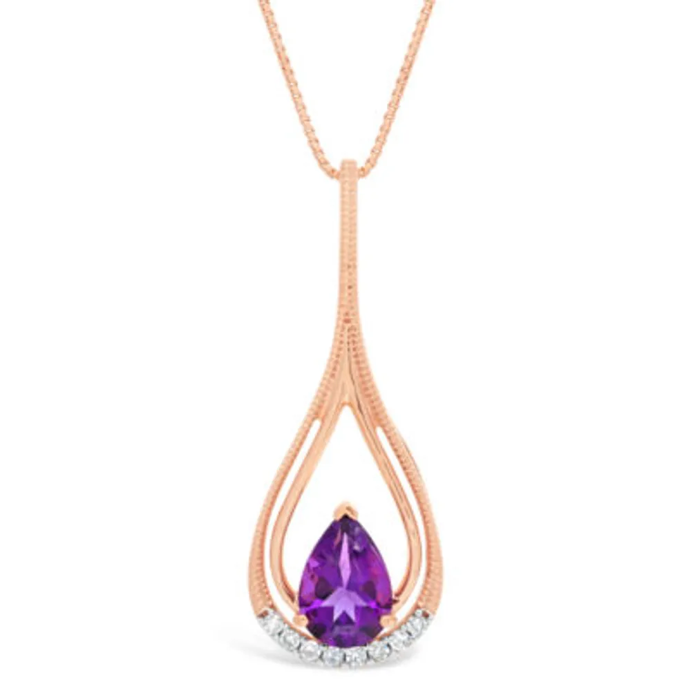 Womens Diamond Accent Genuine Purple Amethyst 10K Rose Gold Pendant Necklace