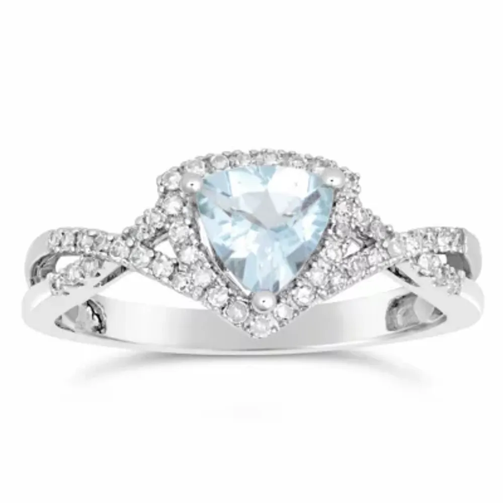 Womens 1/5 CT. T.W. Genuine Blue Aquamarine 10K White Gold Halo Crossover Cocktail Ring