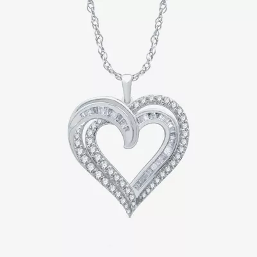 Womens 1 CT. T.W. Natural White Diamond Sterling Silver Heart Pendant Necklaces