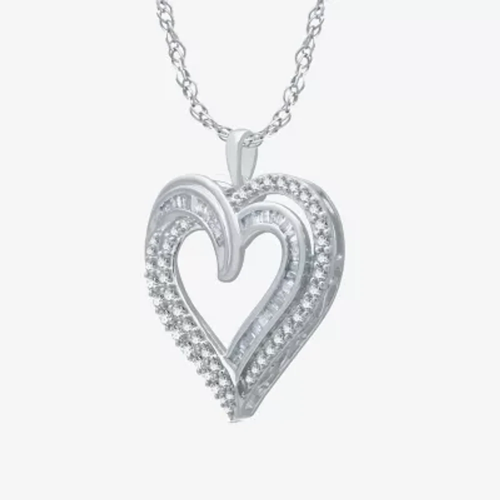 Womens 1 CT. T.W. Natural White Diamond Sterling Silver Heart Pendant Necklace