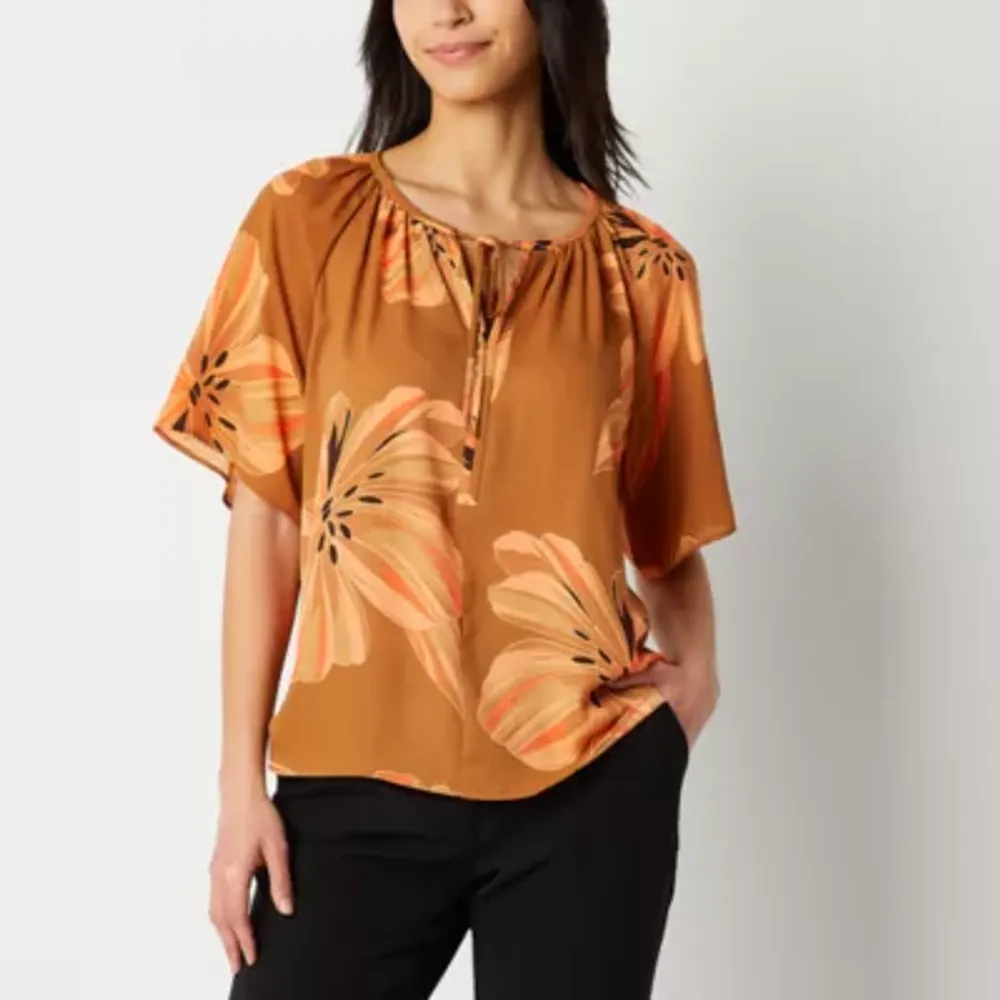 Worthington Womens Y Neck Elbow Sleeve Blouse