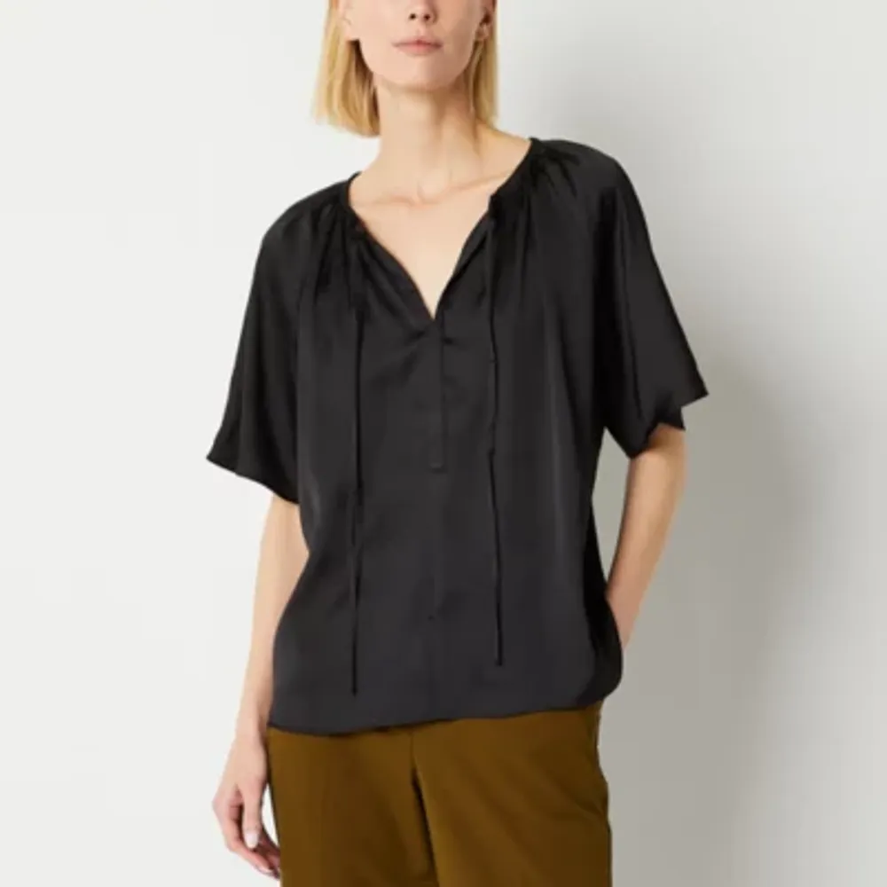 Worthington Womens Y Neck Elbow Sleeve Blouse