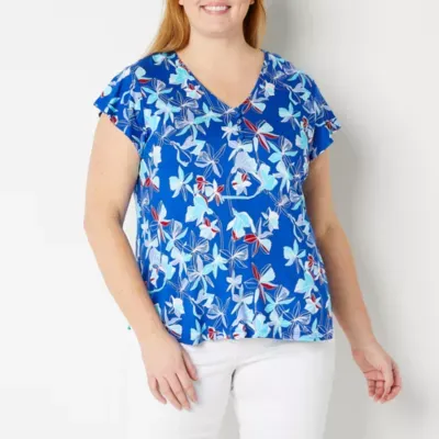 Liz Claiborne Plus Womens V Neck Short Sleeve Blouse