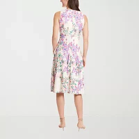 London Style Womens Sleeveless Floral Midi Fit + Flare Dress