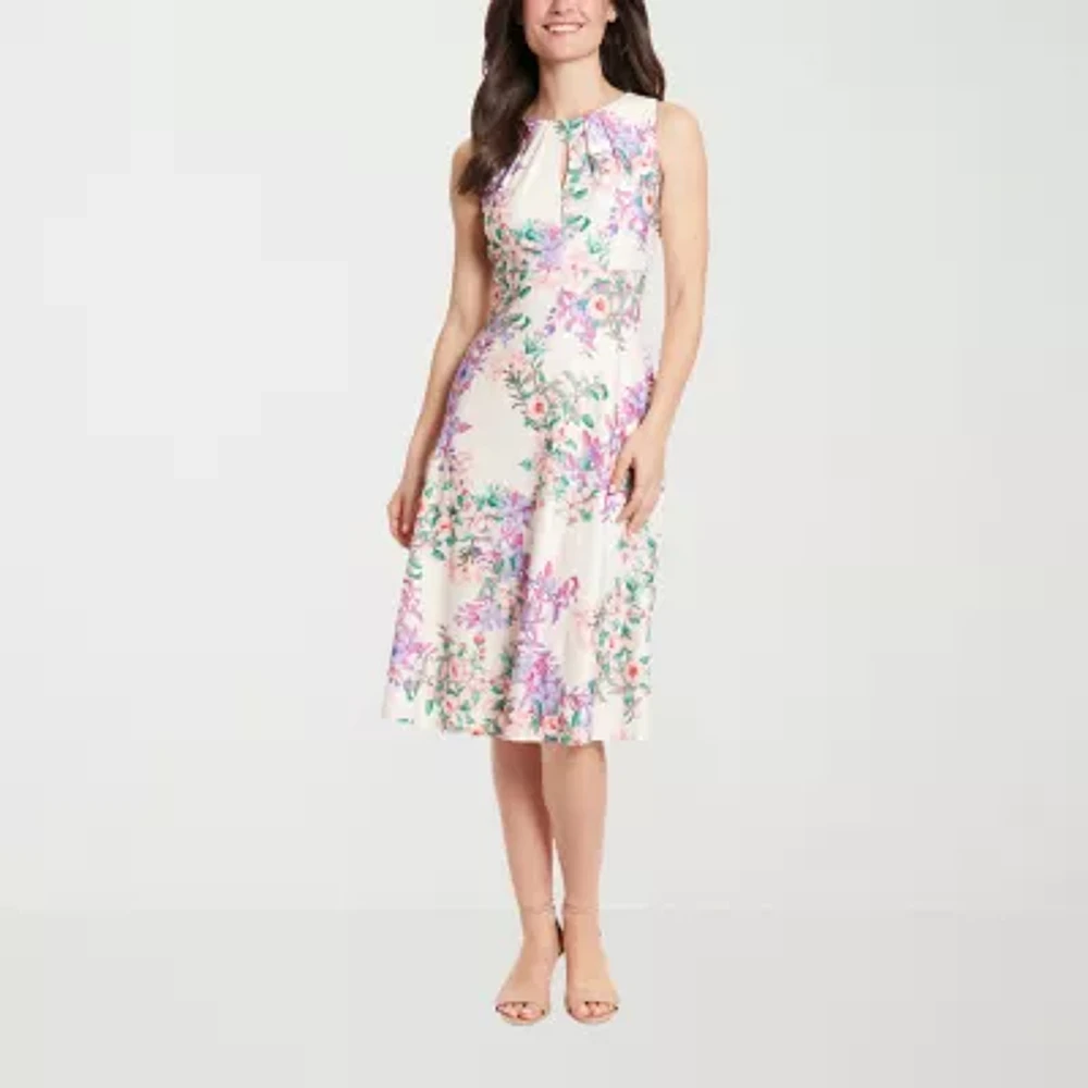 London Style Womens Sleeveless Floral Midi Fit + Flare Dress