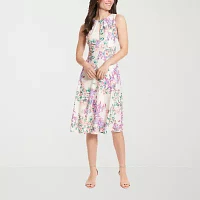 London Style Womens Sleeveless Floral Midi Fit + Flare Dress