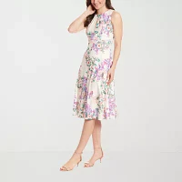 London Style Womens Sleeveless Floral Midi Fit + Flare Dress