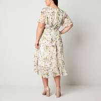 Jessica Howard Womens Short Sleeve Floral High-Low Fit + Flare Dress Plus