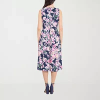 London Style Womens Sleeveless Floral Midi Fit + Flare Dress Petite