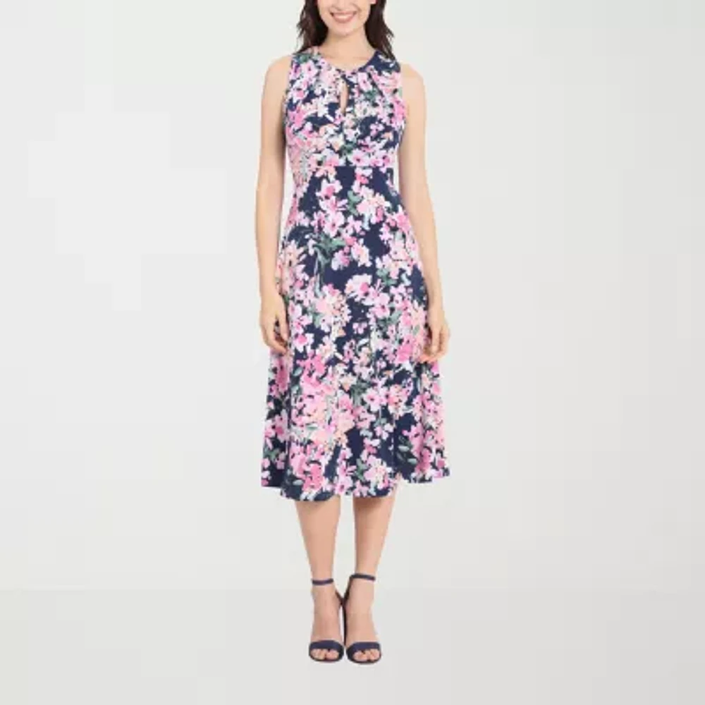 London Style Womens Sleeveless Floral Midi Fit + Flare Dress Petite