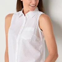 St. John's Bay Womens Sleeveless Regular Fit Button-Down Shirt