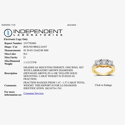 Love Lives Forever (H-I / I1) Womens 1 1/2 CT. T.W. Lab Grown White Diamond 10K Gold Round 3-Stone Engagement Ring