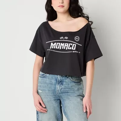 Arizona Juniors Off The Shoulder Womens Short Sleeve Graphic T-Shirt