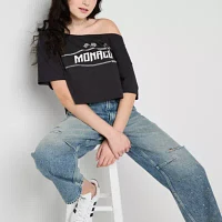 Arizona Juniors Off The Shoulder Womens Short Sleeve Graphic T-Shirt