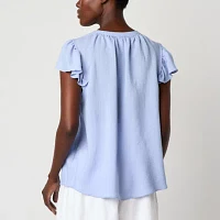 Liz Claiborne Womens Split Tie Neck Short Sleeve Blouse