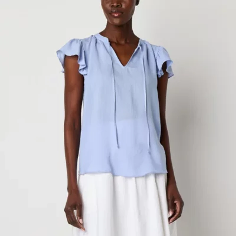 Liz Claiborne Womens Split Tie Neck Short Sleeve Blouse
