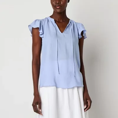Liz Claiborne Womens Split Tie Neck Short Sleeve Blouse