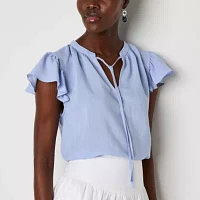 Liz Claiborne Womens Split Tie Neck Short Sleeve Blouse