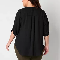 Worthington Plus Womens V Neck 3/4 Sleeve Blouse